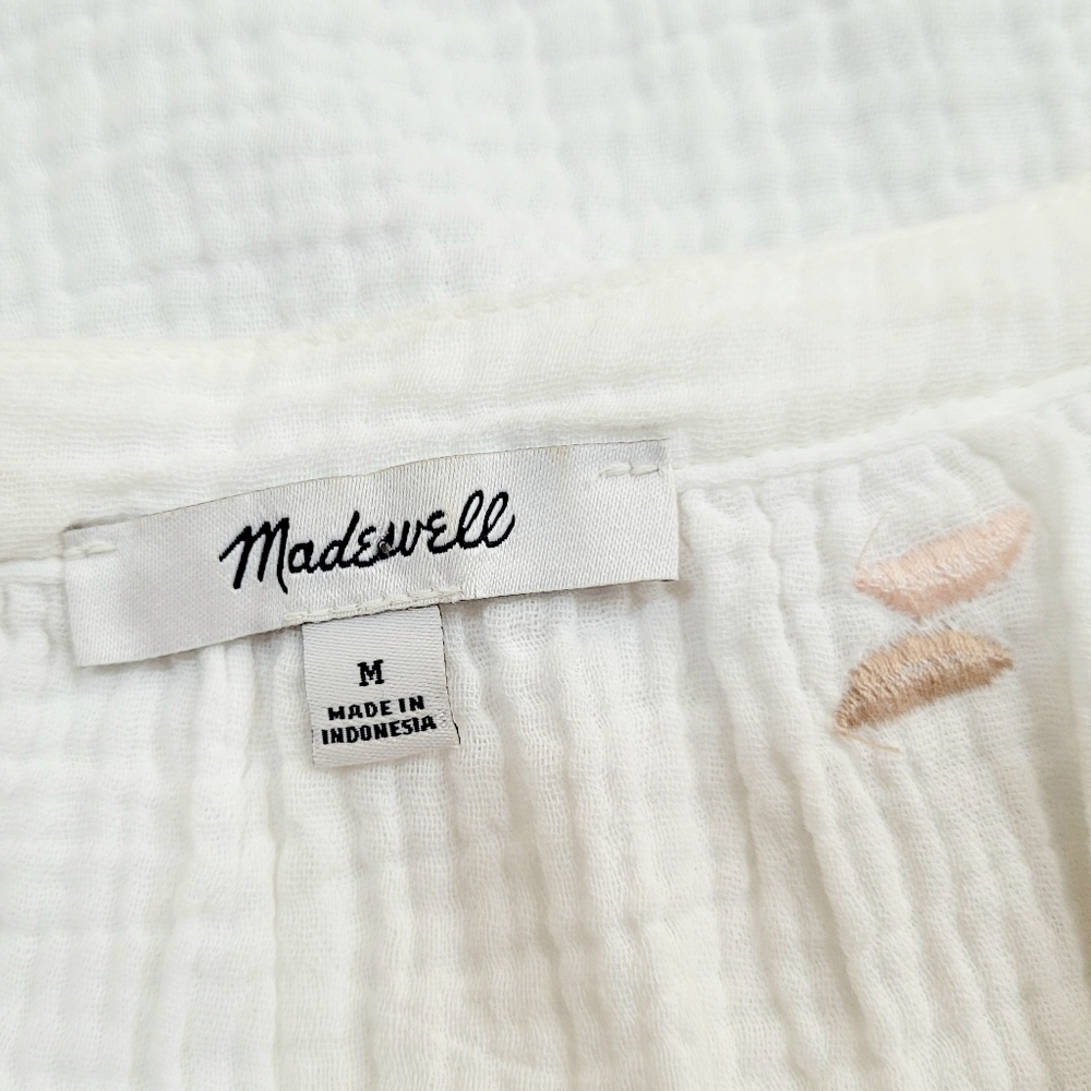 MADEWELL Embroidered Lightspun Ruffle Sleeve Henley Top White Neutral M - Picture 8 of 10